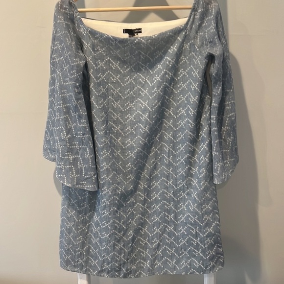 𝅺aqua chambray off the shoulder print boho linen blend dtess large - Picture 6 of 10